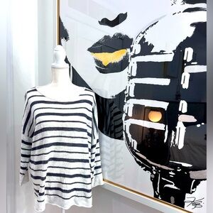 Lou & Grey Drop Shoulder 3/4 Sleeve Striped White/Grey Sweater, Size L